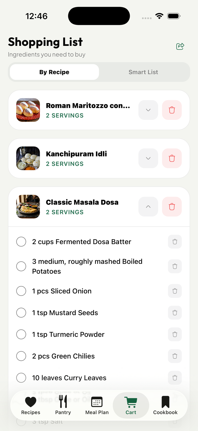 Kitchpe Grocery List Mobile View