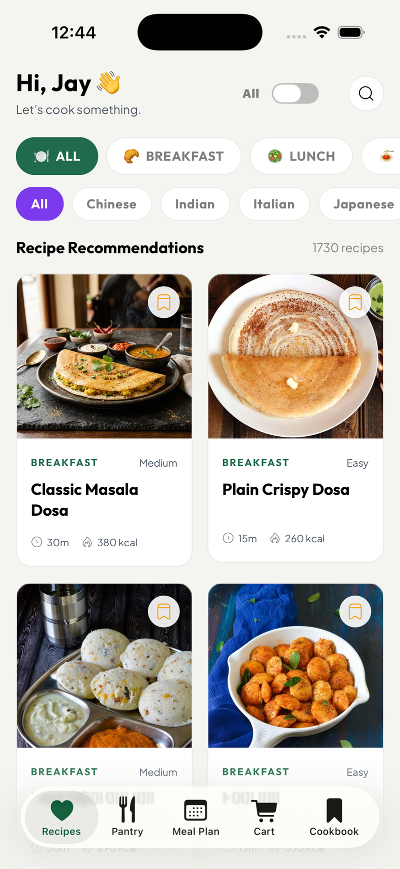 Kitchpe Mobile App Home Screen